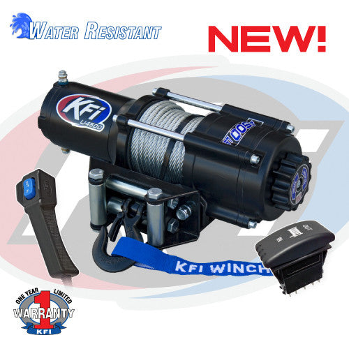 The KFI U4500/U4500W Winch 4500Lb in black features a coiled metal cable, remote control, blue strap, and switch. Water Resistant and NEW! are highlighted. The KFI logo is shown, plus a One Year Limited Warranty badge at the bottom left.