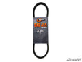 A black Severe Duty Drive Belt for Club Car/Bobcat is arranged vertically in an oval. The center packaging reads “BAD ASS GOLF BELTS” with a muscular cartoon goat, the Q BOOST logo, and a SuperATV logo on a dark background.