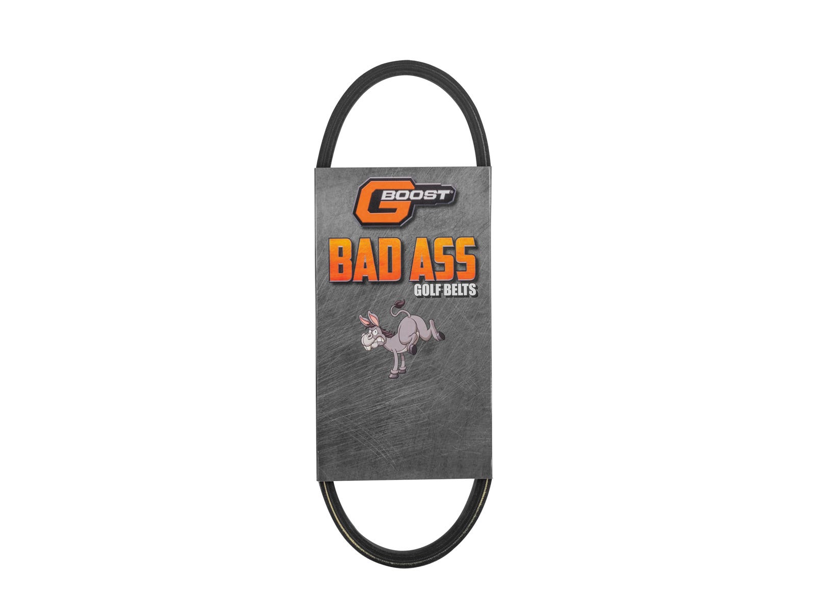 A black EZ-GO Severe Duty Starter Belt is looped behind gray packaging. The label features orange and white text and a cartoon donkey kicking its legs. The background is plain white, highlighting the products playful branding.