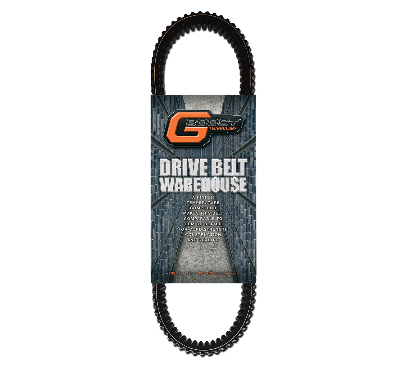 A black Yamaha Golf Drive Belt Warehouse toothed drive belt is vertically displayed with a gray and orange label reading “BOOST TECHNOLOGY,” listing features like high temperature compound, OEM fitment, superior construction, and durability.