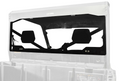 A Can-Am Defender Rear Glass Windshield is installed on a utility vehicle above the cargo bed. It features two black panels with geometric cutouts for visibility, securely attached using bolts and visible brackets.