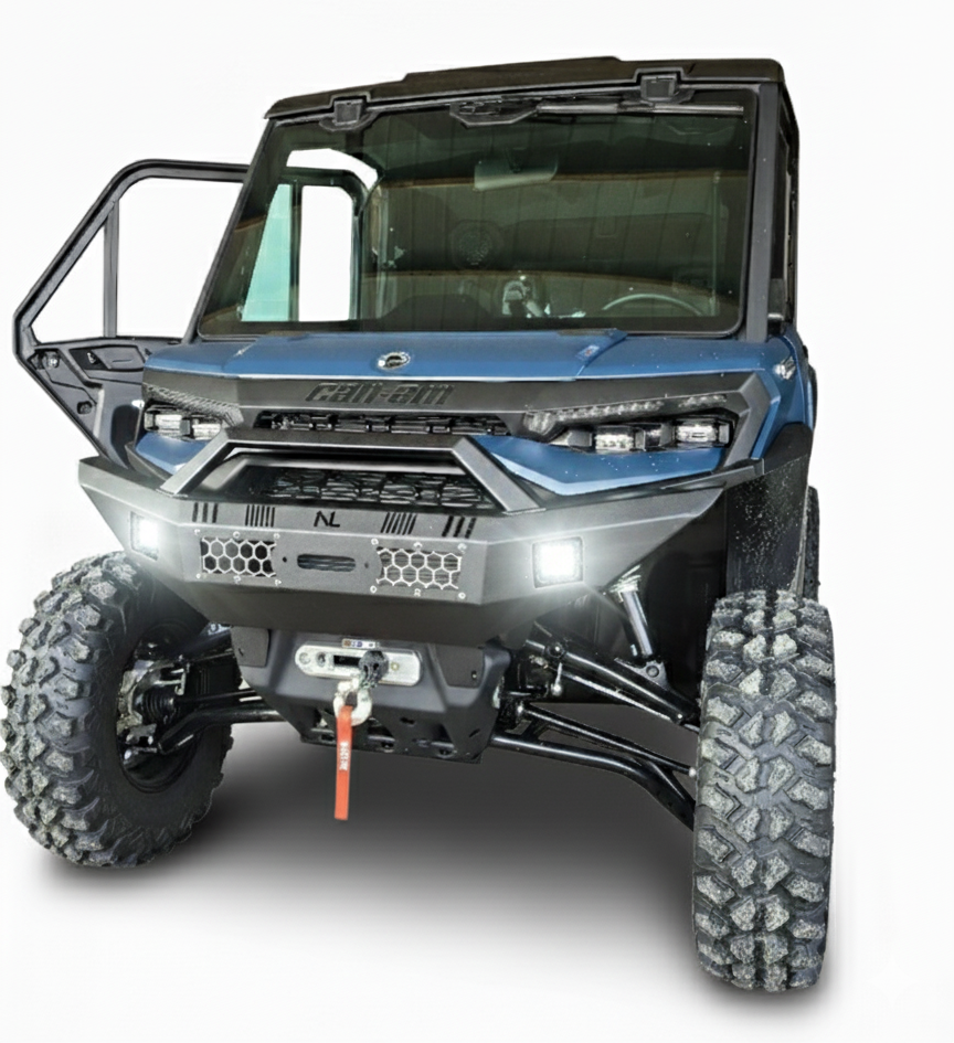 A rugged 2026 Can-am Defender HD11 features a front winch bumper with lights, large knobby tires, raised suspension, and an open driver’s door showing the cab. The dark blue utility vehicle is viewed from a low front angle.