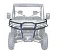The Can-Am Defender HD5/HD8/HD10 Front Bumper, shown in black metal with horizontal and vertical bars, is mounted on an off-road utility vehicle featuring large tires and side mirrors, highlighting its rugged protective design.