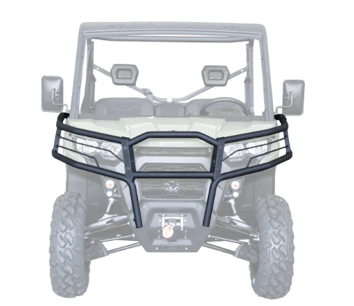The Can-Am Defender HD5/HD8/HD10 Front Bumper, shown in black metal with horizontal and vertical bars, is mounted on an off-road utility vehicle featuring large tires and side mirrors, highlighting its rugged protective design.