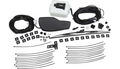 The Can Am Defender Wiper/Washer Kit for UTV Cab Enclosure is displayed with a white reservoir, black wiper blade, control module, wiring harnesses, connectors, switches, mounting hardware, zip ties, and small parts on a white background.