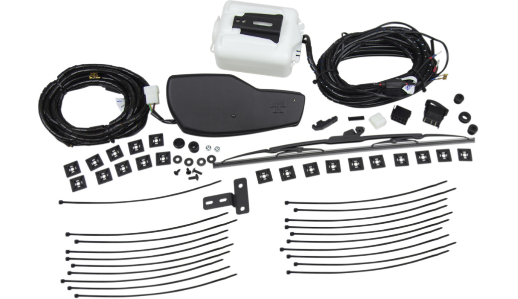 The Can Am Defender Wiper/Washer Kit for UTV Cab Enclosure is displayed with a white reservoir, black wiper blade, control module, wiring harnesses, connectors, switches, mounting hardware, zip ties, and small parts on a white background.