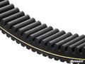 A close-up of the Yamaha Wolverine RMAX Heavy-Duty CVT Drive Belt shows its black, toothed, textured surface and yellow reinforcement cord. The belt is partially curved on a white background with SuperATV in the lower right corner.