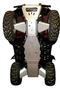 An 8-piece complete aluminum skid plate set for Yamaha Grizzly 660 (2002-2008) is shown installed underneath, featuring metallic protective plates and heavy-duty construction for rugged, all-terrain off-road use.