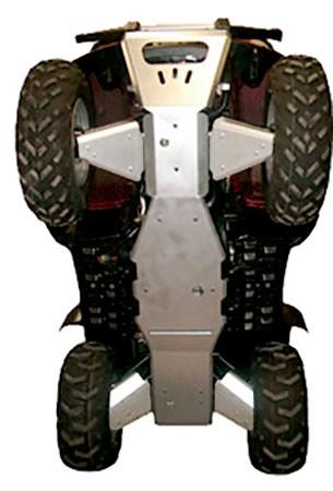 An 8-piece complete aluminum skid plate set for Yamaha Grizzly 660 (2002-2008) is shown installed underneath, featuring metallic protective plates and heavy-duty construction for rugged, all-terrain off-road use.