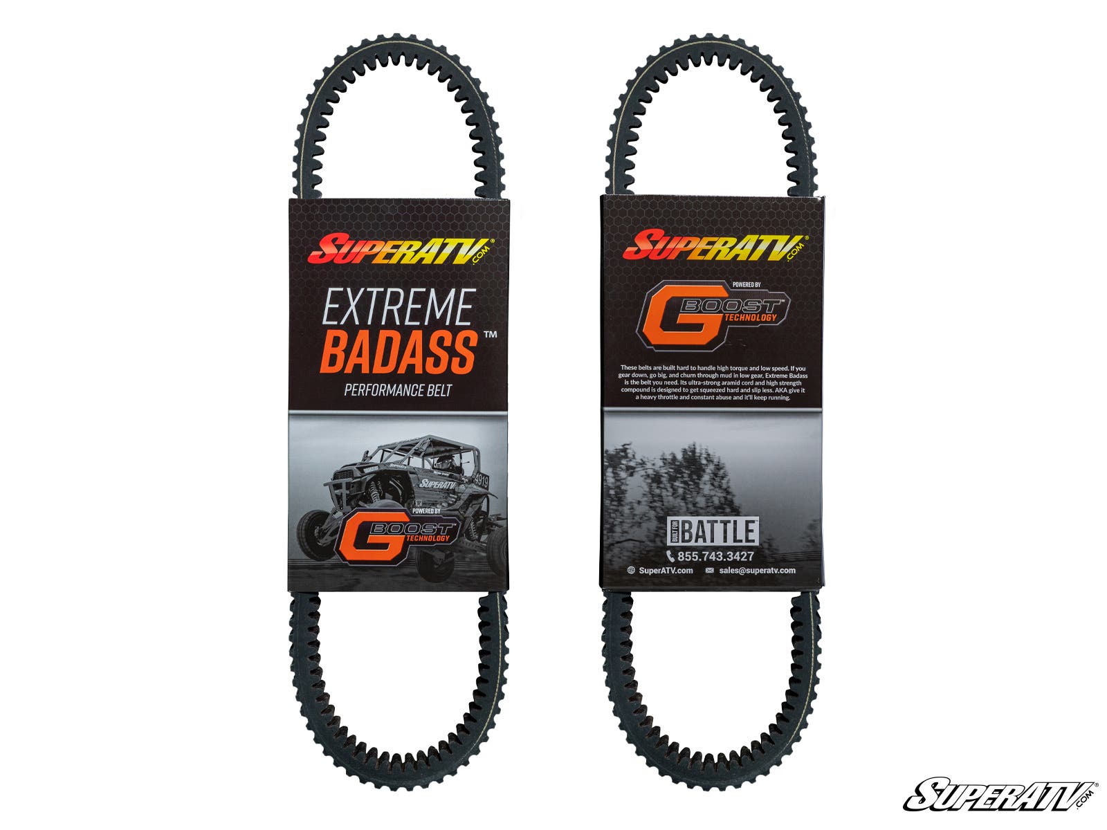 Two black Kawasaki Teryx KRX 1000 Heavy-Duty CVT Drive Belts are shown vertically with SuperATV packaging. The left label features an ATV image and Extreme Badass Performance Belt; the right shows product info and an orange GBoost logo.