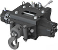 A detailed rendering of the Assault Polaris Kit 3500Lb shows a robust metal frame, front lifting hook, hydraulic fittings and valves on top, central cable drum, and labeled motor housing with visible bolts and manufacturing details.