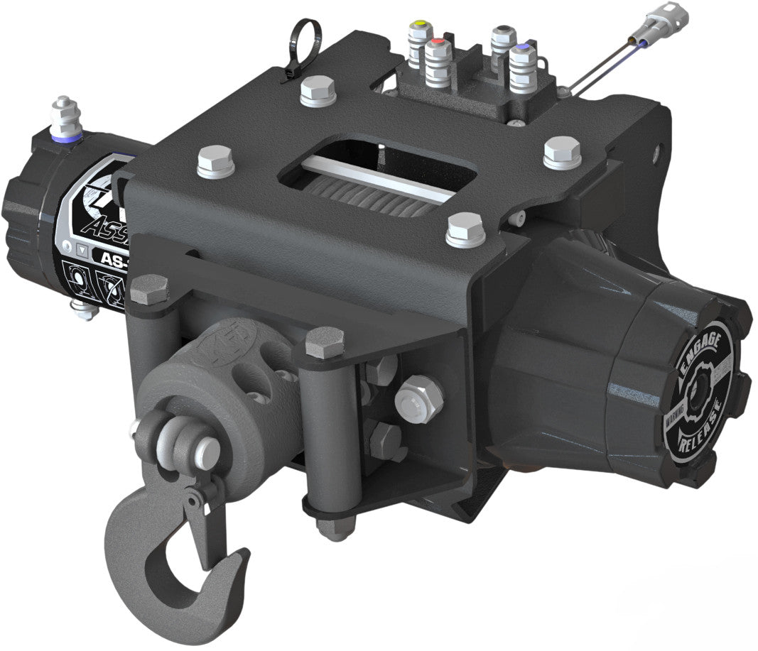 A detailed rendering of the Assault Polaris Kit 3500Lb shows a robust metal frame, front lifting hook, hydraulic fittings and valves on top, central cable drum, and labeled motor housing with visible bolts and manufacturing details.
