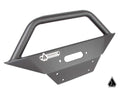 Matte black Assault Industries Savage Front Bumper for Honda Talon with tubular grille guard, geometric logo, mounting holes, central rectangular slot, angular edges, and lower right logo.