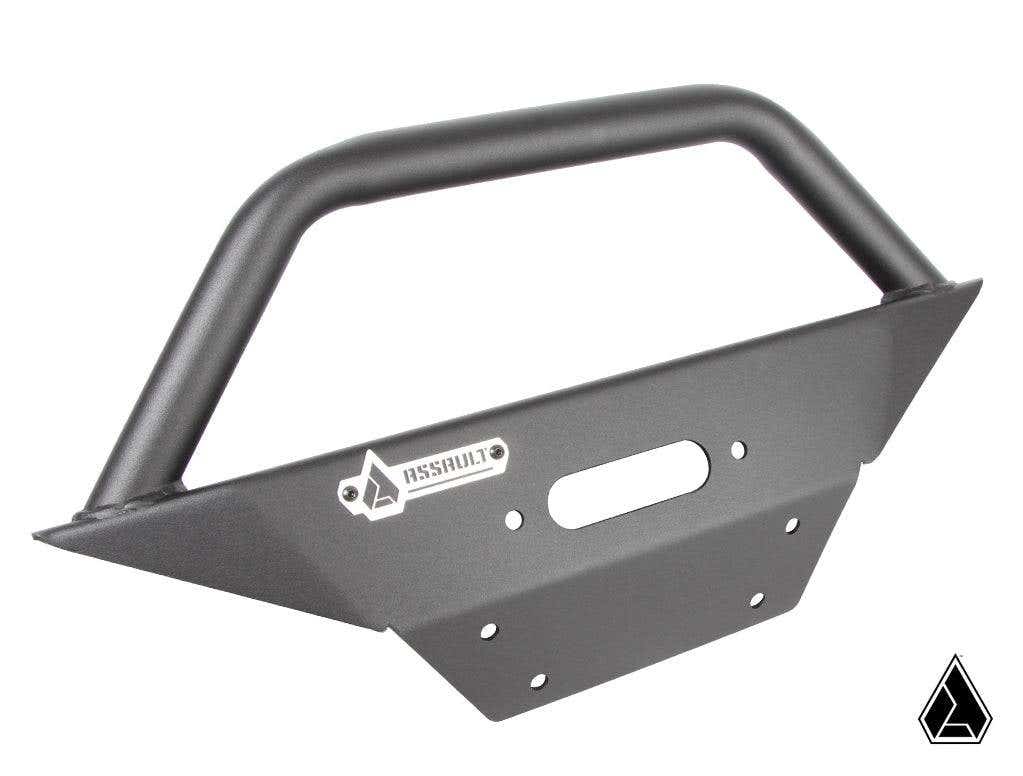 Matte black Assault Industries Savage Front Bumper for Honda Talon with tubular grille guard, geometric logo, mounting holes, central rectangular slot, angular edges, and lower right logo.