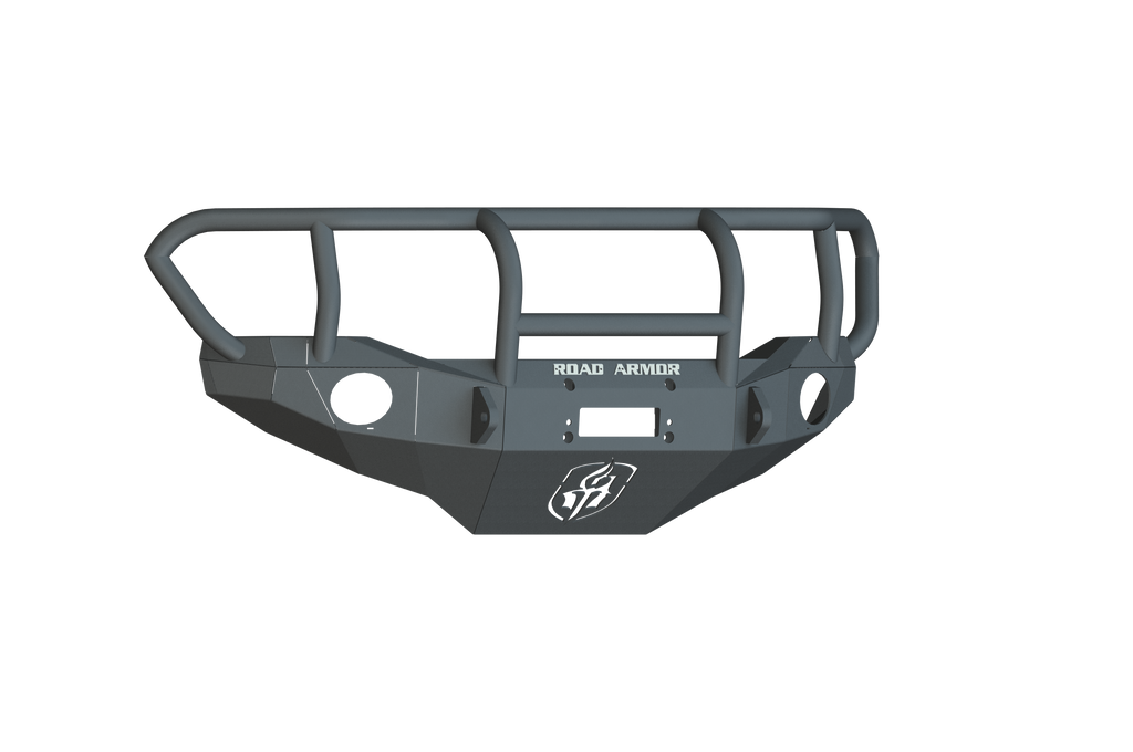 The 2006-2014 Toyota FJ Cruiser Stealth Front Winch Bumper with Titan II Guard in texture black features a three-bar grille guard, fog light cutouts, license plate space, and white ROAD ARMOR text above a shield logo on the front center.
