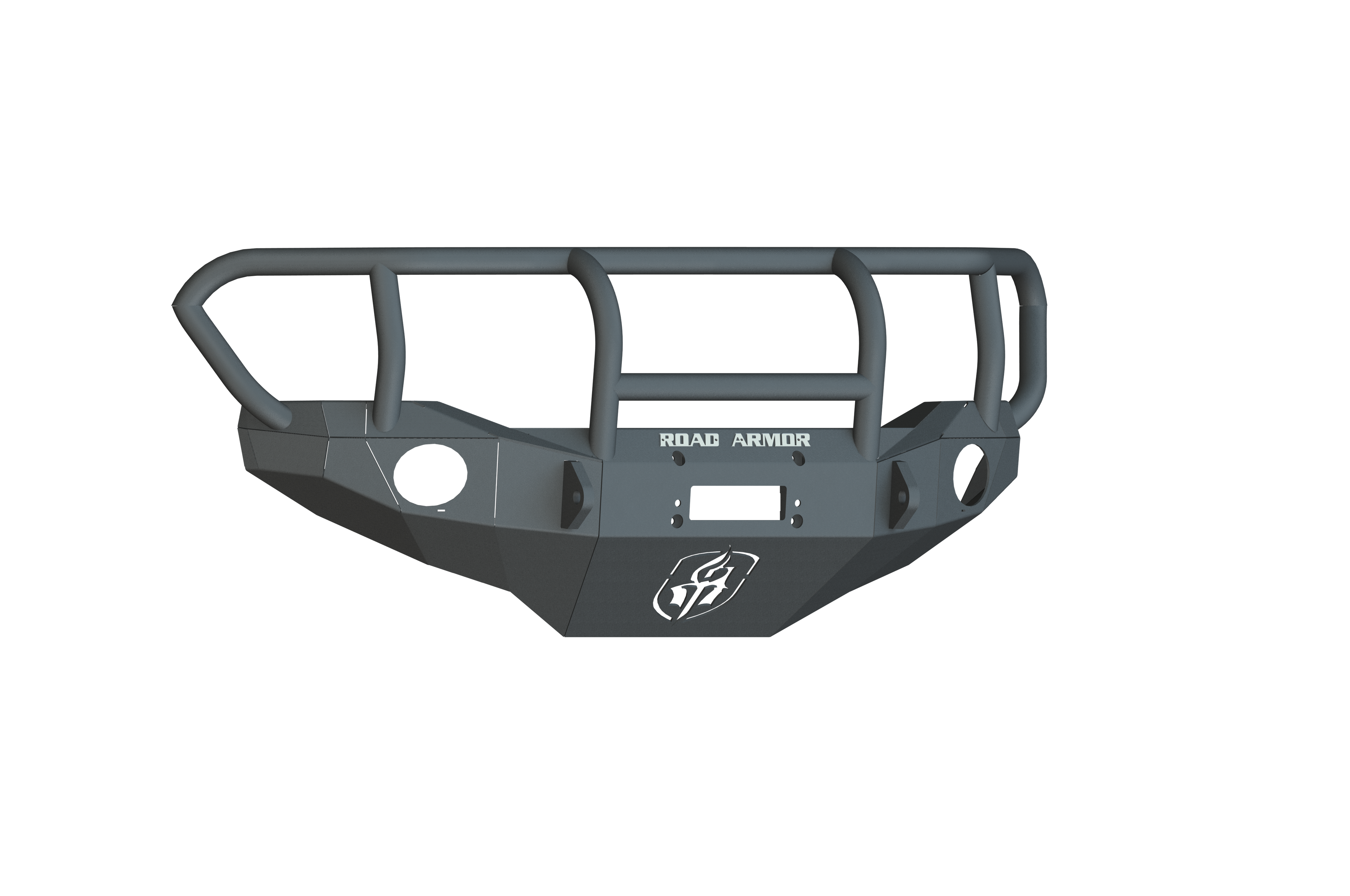 The 2006-2014 Toyota FJ Cruiser Stealth Front Winch Bumper with Titan II Guard in texture black features a three-bar grille guard, fog light cutouts, license plate space, and white ROAD ARMOR text above a shield logo on the front center.