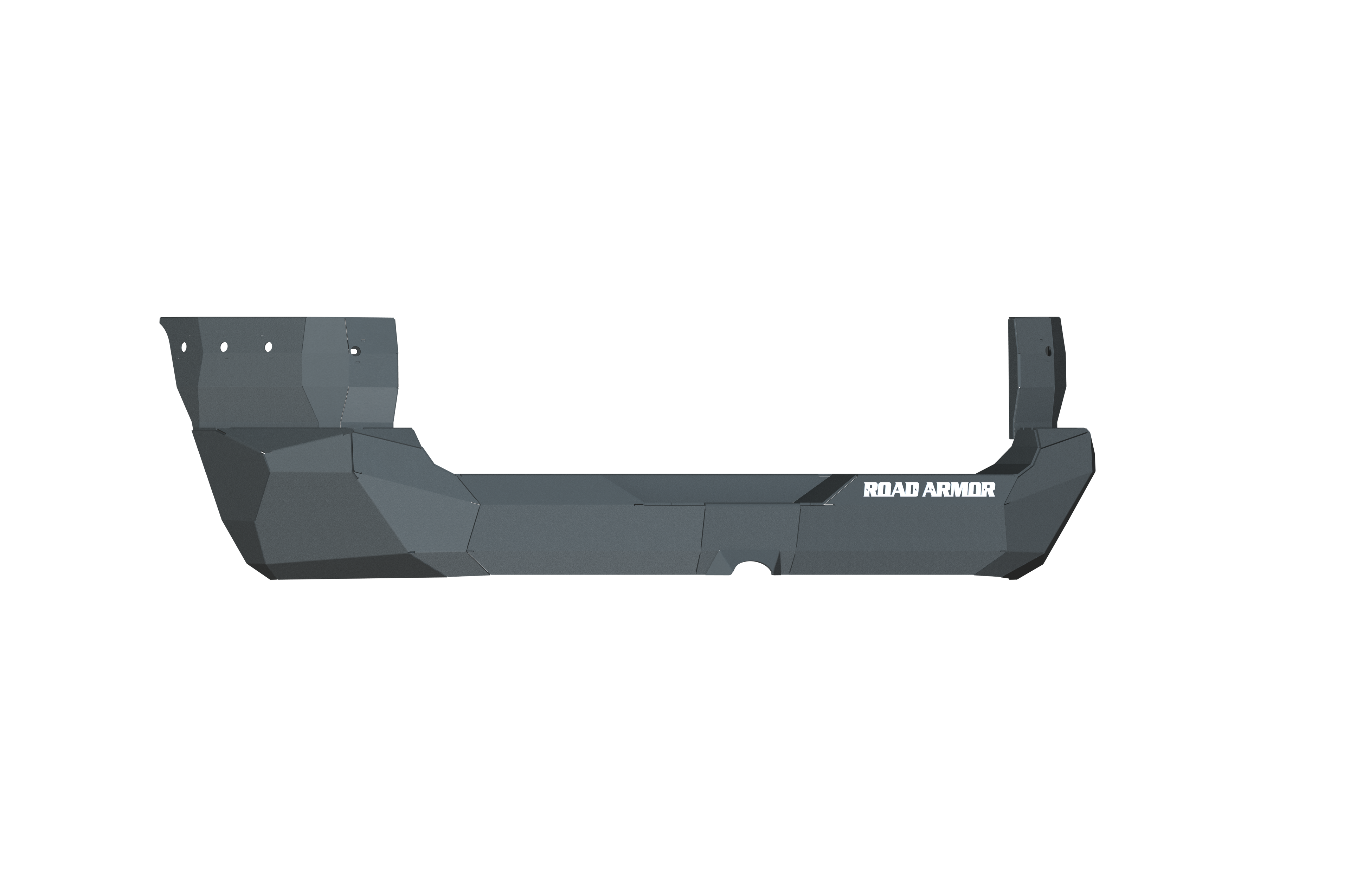 A texture black, angular Stealth Rear Non-Winch Bumper for 2007-2014 Toyota FJ Cruiser, featuring geometric patterns and white ROAD ARMOR branding on the right side, isolated on a transparent background.