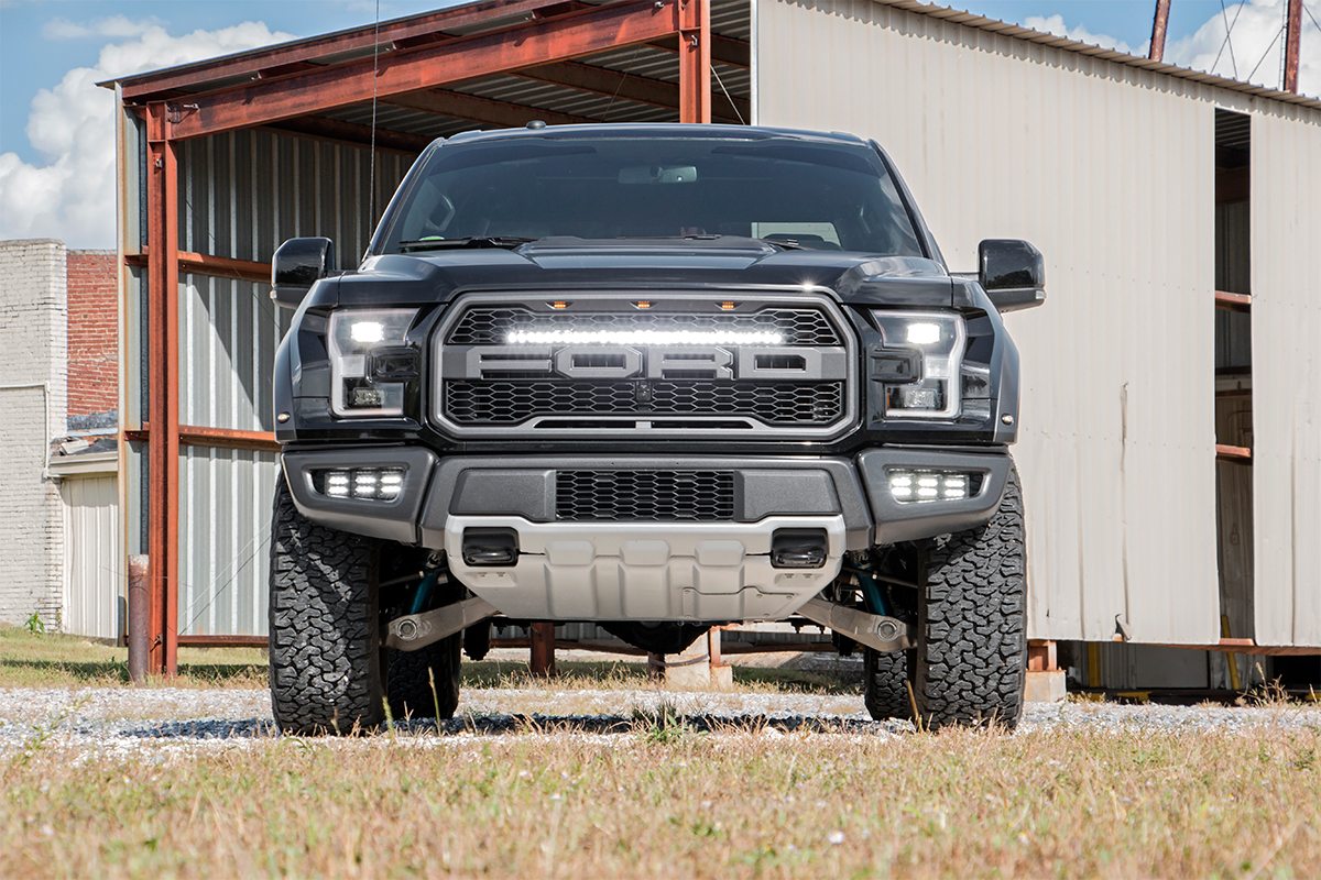 Rough Country LED Light | Grille Mount | 30" Black Single Row | White DRL | Ford Raptor (17-20)