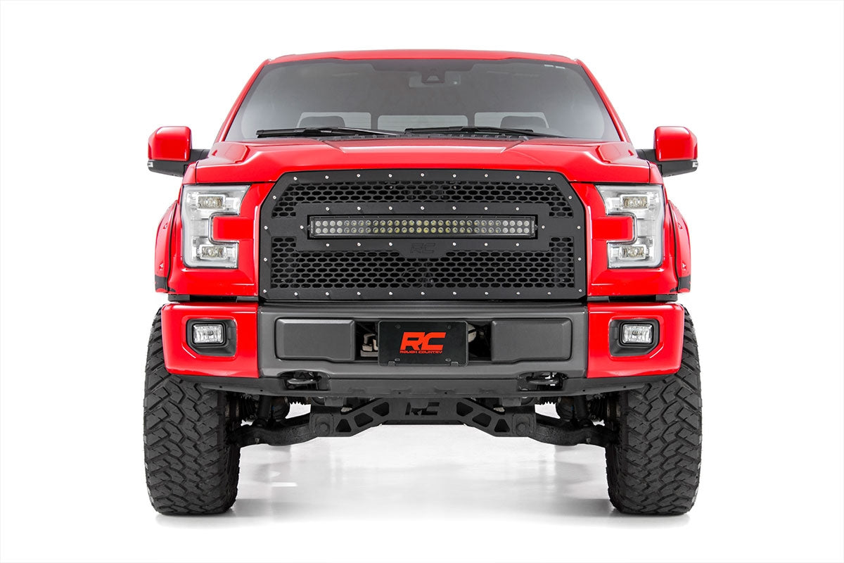 Rough Country Mesh Grille | 30" Dual Row LED | Black | Amber DRL | Ford F-150 (15-17)