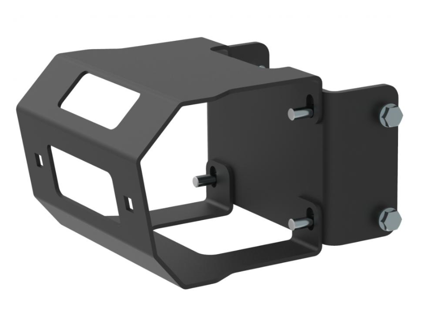 A 3D-rendered image of a black metal Front Winch Mounting Kit for Polaris Sportsman 400/500/570/800 (2011+), featuring a protective cage design with rectangular cutouts and bolts for secure wall or surface mounting.