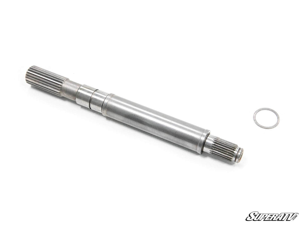 A Polaris Front Output Shaft with splined ends is shown on a white background, accompanied by a small metal ring near one end. The SuperATV logo appears in the bottom right corner.