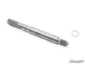 A Polaris Front Output Shaft with splined ends is shown on a white background, accompanied by a small metal ring near one end. The SuperATV logo appears in the bottom right corner.