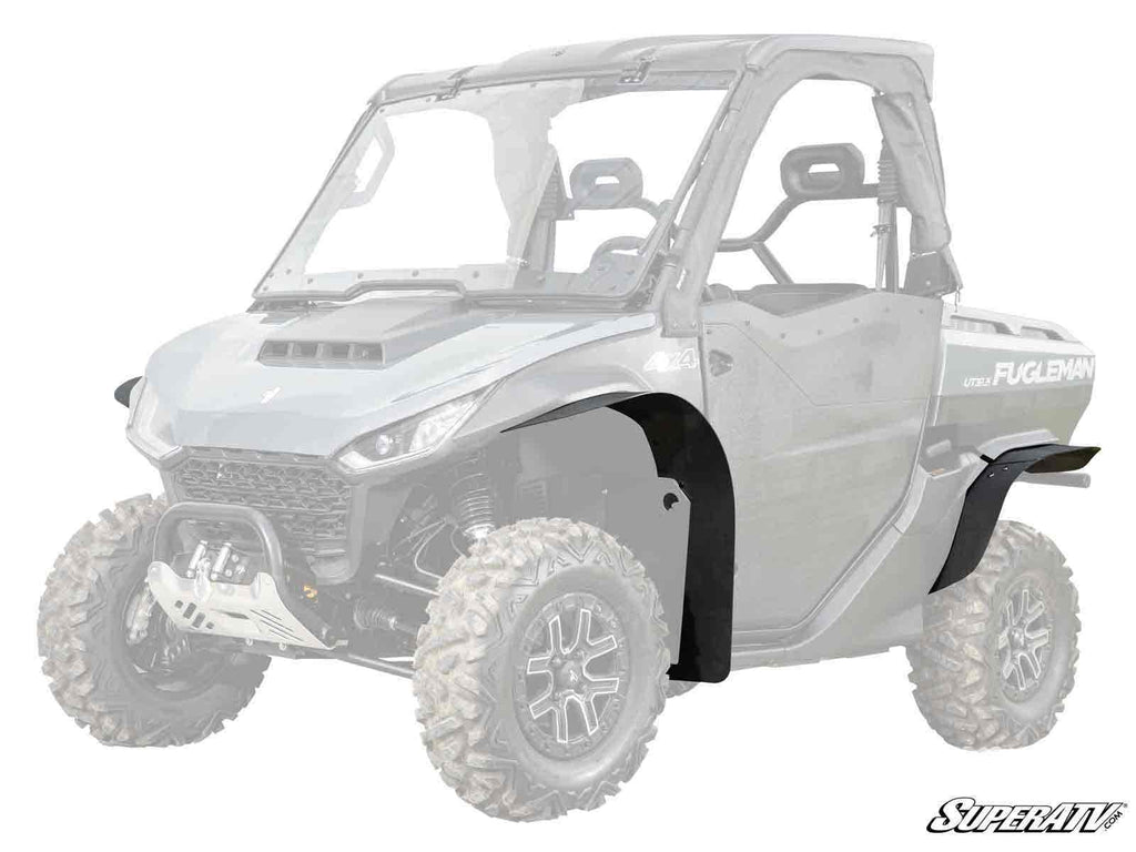 A gray side-by-side UTV features Segway Fugleman UT10 Low Profile Fender Flares in black on the front and rear wheel wells, large off-road tires, windshield, hard top, and two seats. SuperATV logo appears in the bottom right corner.
