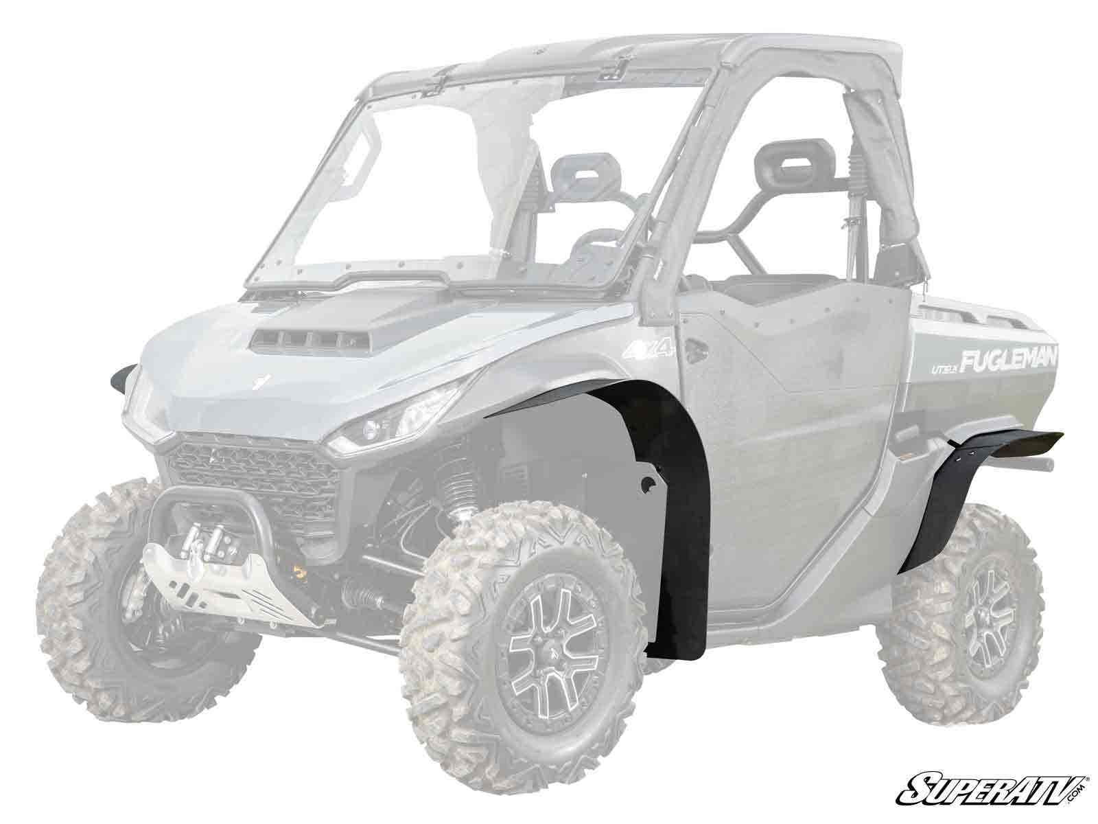 A gray side-by-side UTV features Segway Fugleman UT10 Low Profile Fender Flares in black on the front and rear wheel wells, large off-road tires, windshield, hard top, and two seats. SuperATV logo appears in the bottom right corner.