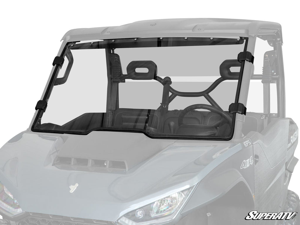 A Segway Fugleman UT10 Scratch-Resistant Full Windshield, tinted and clear, is mounted on a gray UTV with four black clamps and a central horizontal seam. The front seats, steering wheel, and roll cage are also visible inside the vehicle.