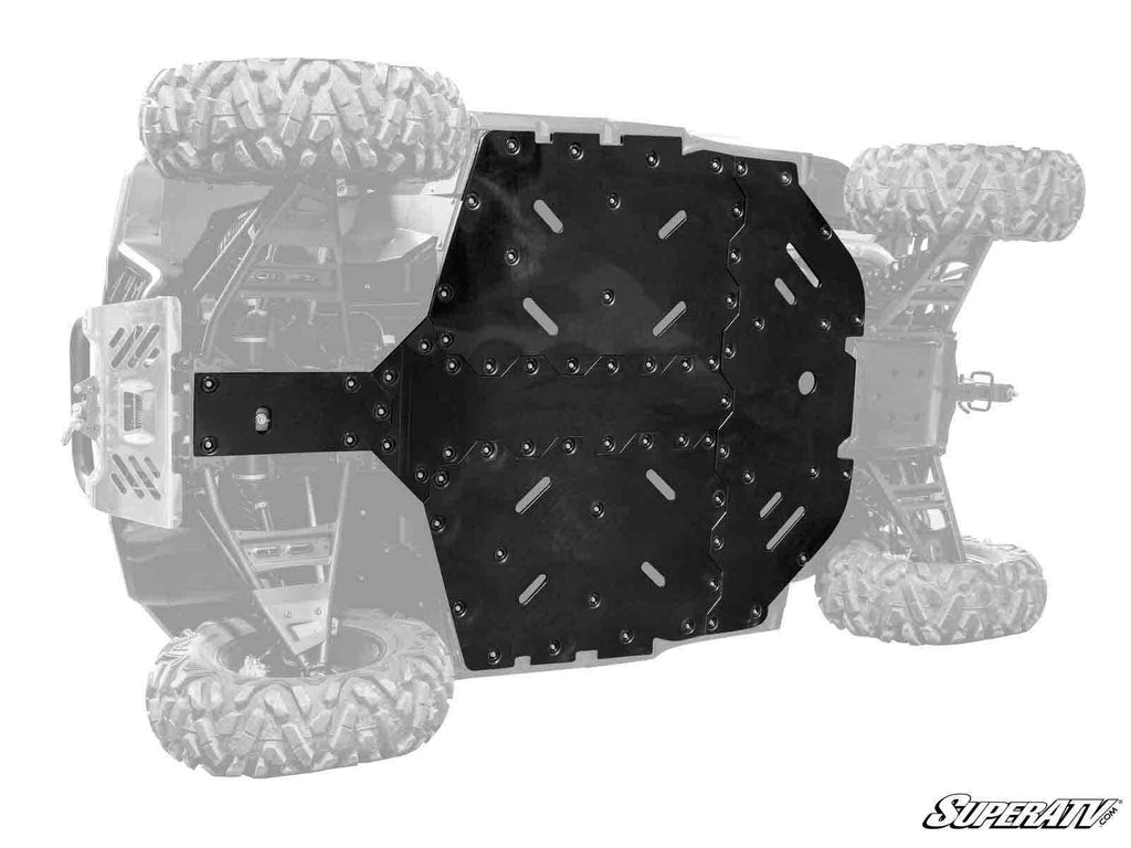 A Segway Fugleman Full Skid Plate is bolted to the underside of an off-road vehicle, providing undercarriage protection. Large tires and suspension arms are visible in grayscale, with the SuperATV logo in the bottom right corner.
