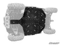 A Segway Fugleman Full Skid Plate is bolted to the underside of an off-road vehicle, providing undercarriage protection. Large tires and suspension arms are visible in grayscale, with the SuperATV logo in the bottom right corner.