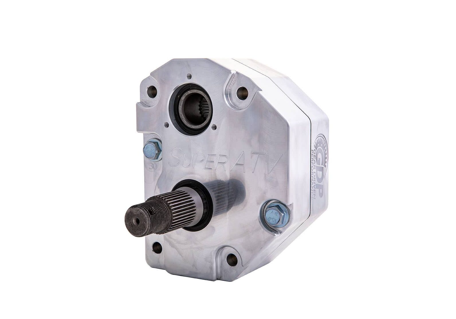 A silver, hexagonal Can-Am Defender HD10 6x6 4 Portal Gear Lift features a visible central splined shaft, two blue bolts, and SUPER ATV engraving, shown against a white background that highlights its metallic engineering details.
