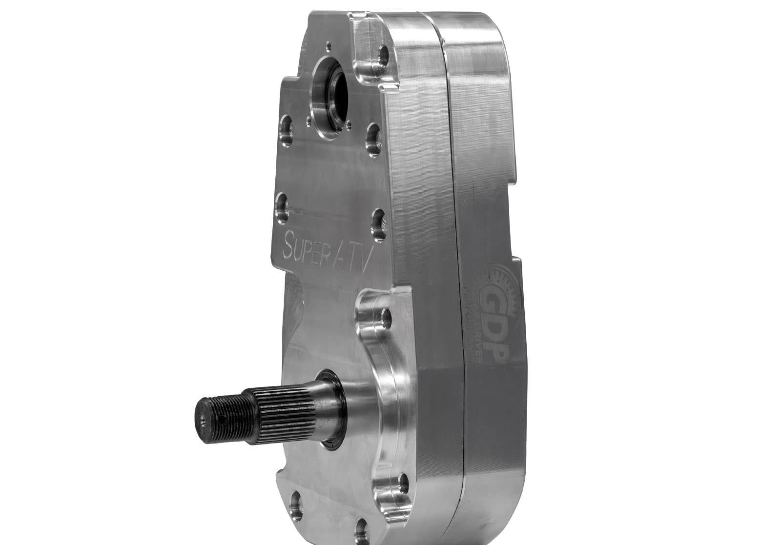 A close-up of a polished silver rectangular gear transmission case with rounded edges, visible bolts, and an extended black spline shaft. Honda Pioneer 1000 8 Portal Gear Lift is engraved on the metal surface.