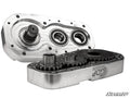 Two metallic gearboxes for the Polaris RZR Trail S 900 8 Portal Gear Lift are shown—one open to display interlocking gears, the other showing large bearings and a spline. Both silver housings feature GDP Gear Driven Performance and SuperATV logos.