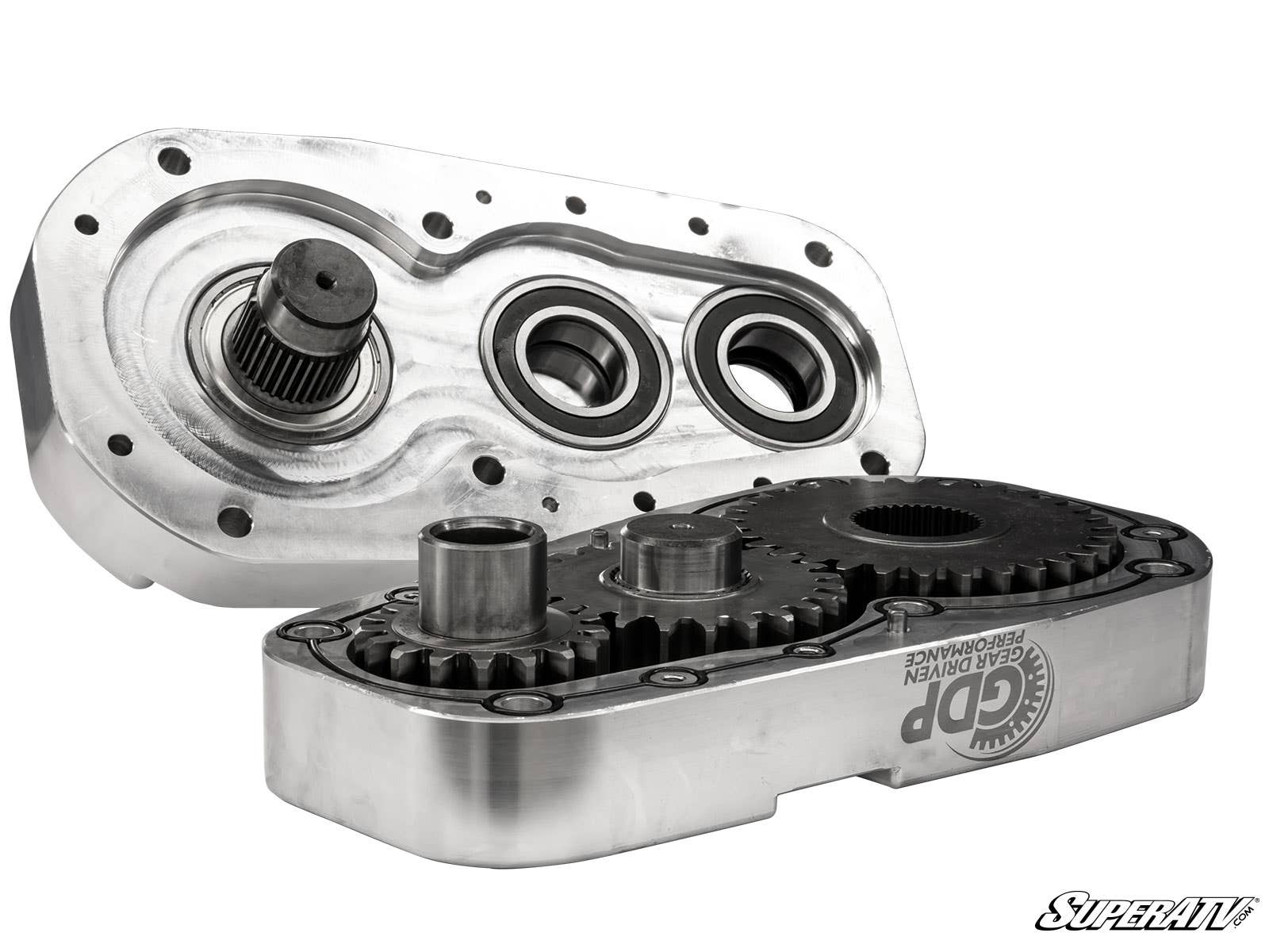 Two metallic gearboxes for the Polaris RZR Trail S 900 8 Portal Gear Lift are shown—one open to display interlocking gears, the other showing large bearings and a spline. Both silver housings feature GDP Gear Driven Performance and SuperATV logos.