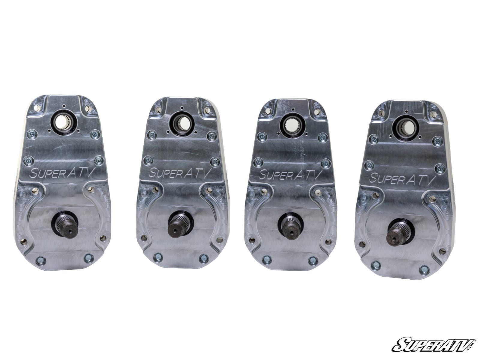 Four identical Polaris RZR Trail S 1000 8 Portal Gear Lift housings with visible shafts, bearings, bolts along the edges, and engraved SuperATV text are lined up side by side on a white background. The SuperATV logo appears in the corner.