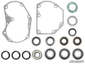 The SuperATV 4 Portal Gear Lift Seal and Bearing Rebuild Kit is shown with two gasket sheets, several round gaskets, six seals, and six metal bearings arranged neatly on a white background. The SuperATV logo is at the bottom right corner.