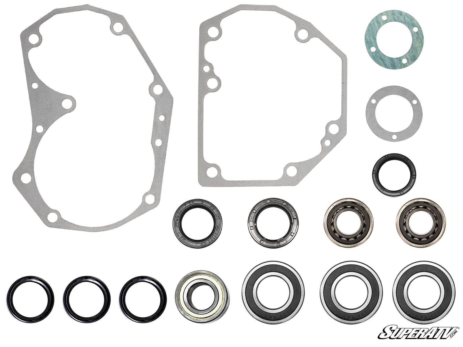 The SuperATV 4 Portal Gear Lift Seal and Bearing Rebuild Kit is shown with two gasket sheets, several round gaskets, six seals, and six metal bearings arranged neatly on a white background. The SuperATV logo is at the bottom right corner.