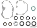 The 6 Portal Gear Lift Seal and Bearing Rebuild Kit is shown arranged on a white background, featuring two irregular gaskets, one round gasket, five rubber seals, and five metal bearings. The “SuperATV” logo appears in the lower right corner.