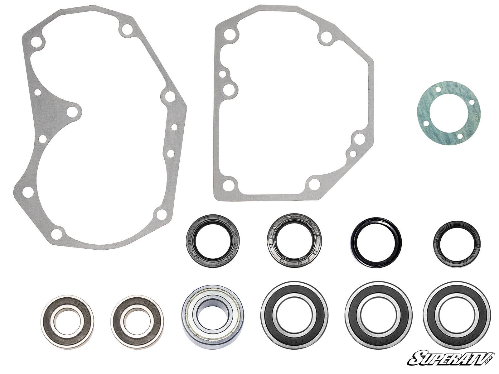 The 6 Portal Gear Lift Seal and Bearing Rebuild Kit is shown arranged on a white background, featuring two irregular gaskets, one round gasket, five rubber seals, and five metal bearings. The “SuperATV” logo appears in the lower right corner.