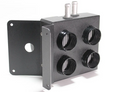 The Inferno Cab Heater Kit With Defrost for 2016-Current Polaris General features a black metal panel with four circular vents, two metal pipe connectors on top, and a mounting bracket with a round hole, pictured on a white background.