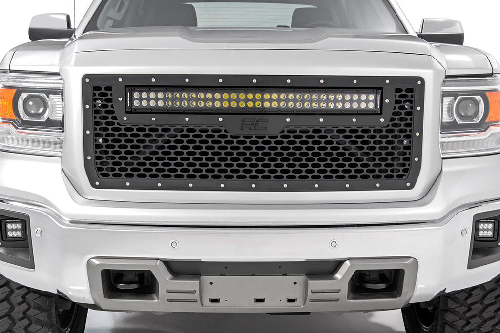 Rough Country Mesh Grille | 30" Dual Row LED | Black | White DRL | GMC Sierra 1500 (14-15)
