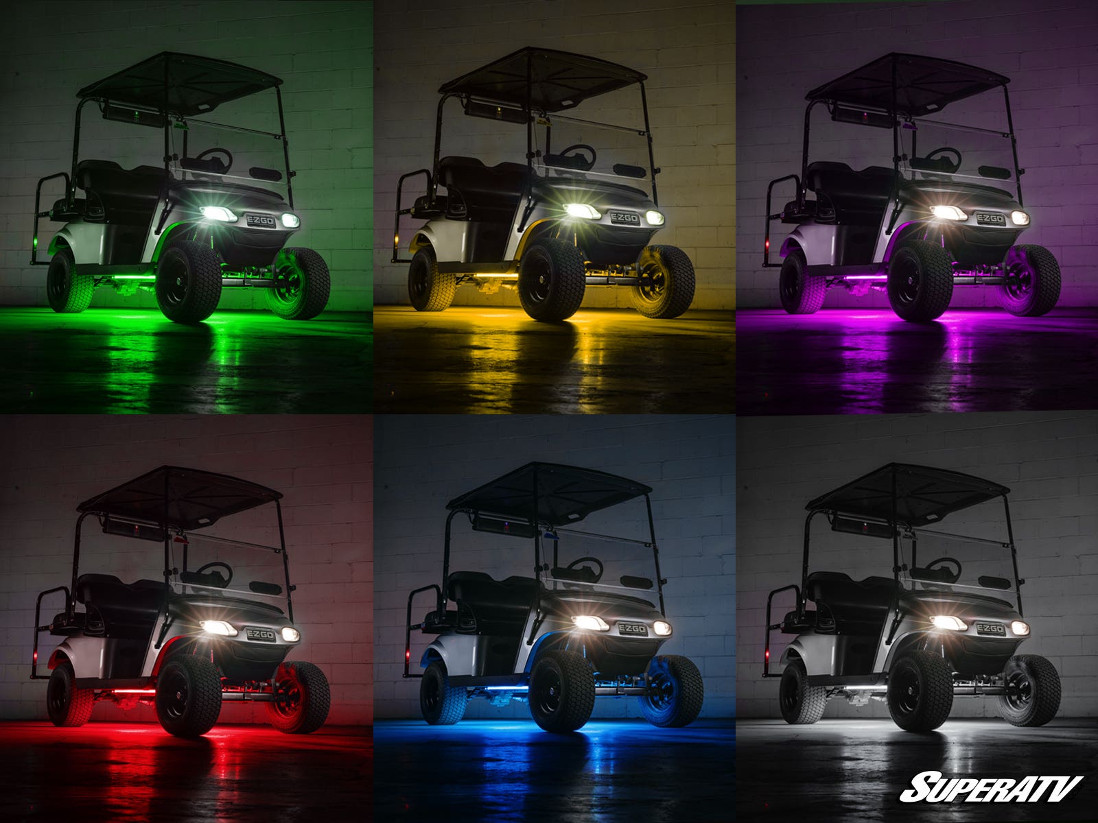 A white golf cart is shown indoors on a reflective floor in six panels, each lit by a different Metra Powersports Golf Cart LED Underglow Light color: green, yellow, red, purple, orange, and blue. The SuperATV logo appears in the bottom right corner.