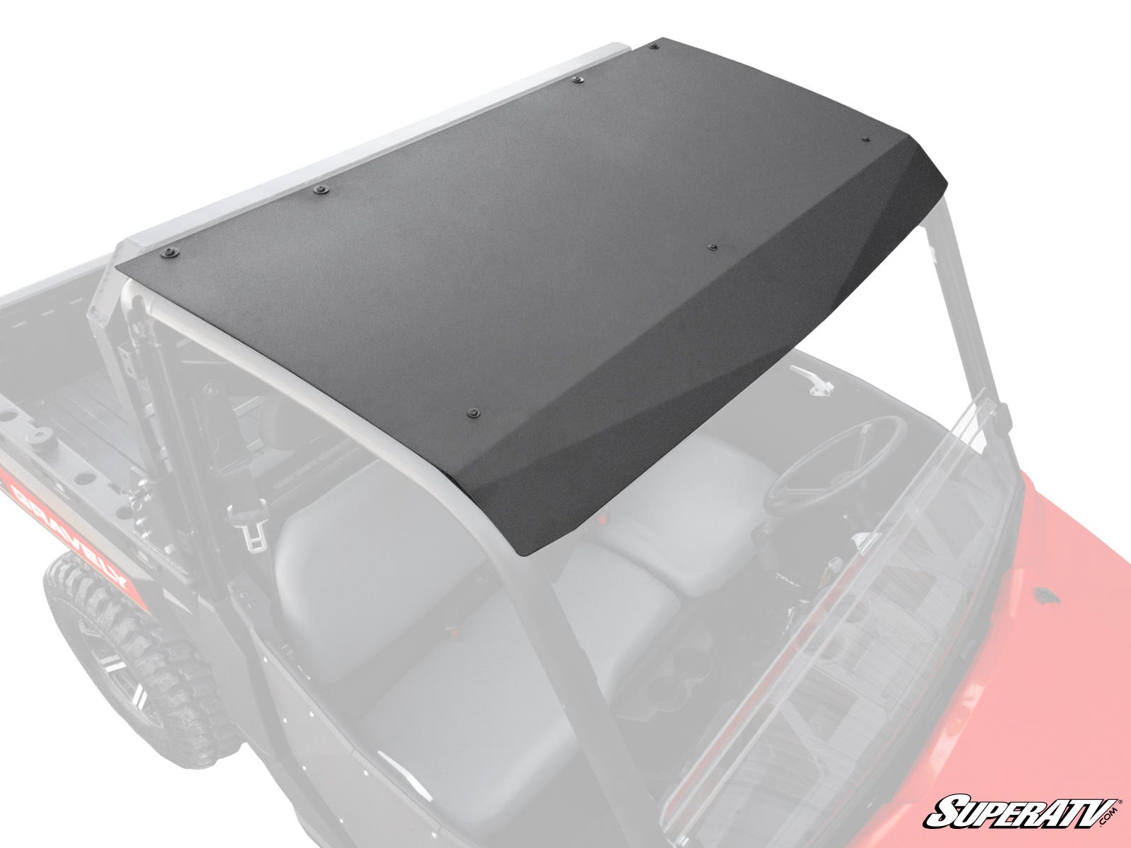 A Gravely Atlas JSV 3400 Aluminum Roof is mounted on a red side-by-side with two gray seats. The black roof, secured by bolts, covers the cab area. SuperATV logo appears at bottom right. The image is viewed from above and the front.
