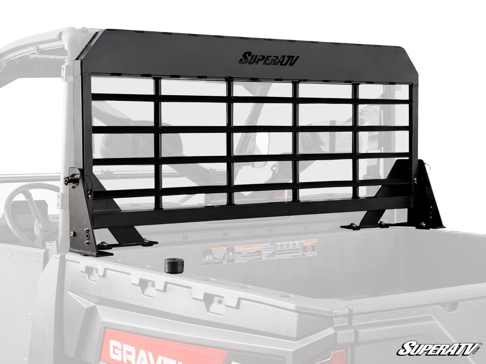 The Gravely Atlas JSV Headache Cargo Rack is a black metal rack with the SuperATV logo, mounted behind the cab of a red and black GRAVELY UTV to provide cargo bed protection.