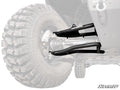 Close-up of Gravely Atlas JSV High-Clearance 2 Forward Offset A-Arms with a Rhino 2.0 axle, large treaded tire, brake disc, and chassis; suspension components are highlighted while other parts remain translucent. SuperATV logo in the lower right corner.