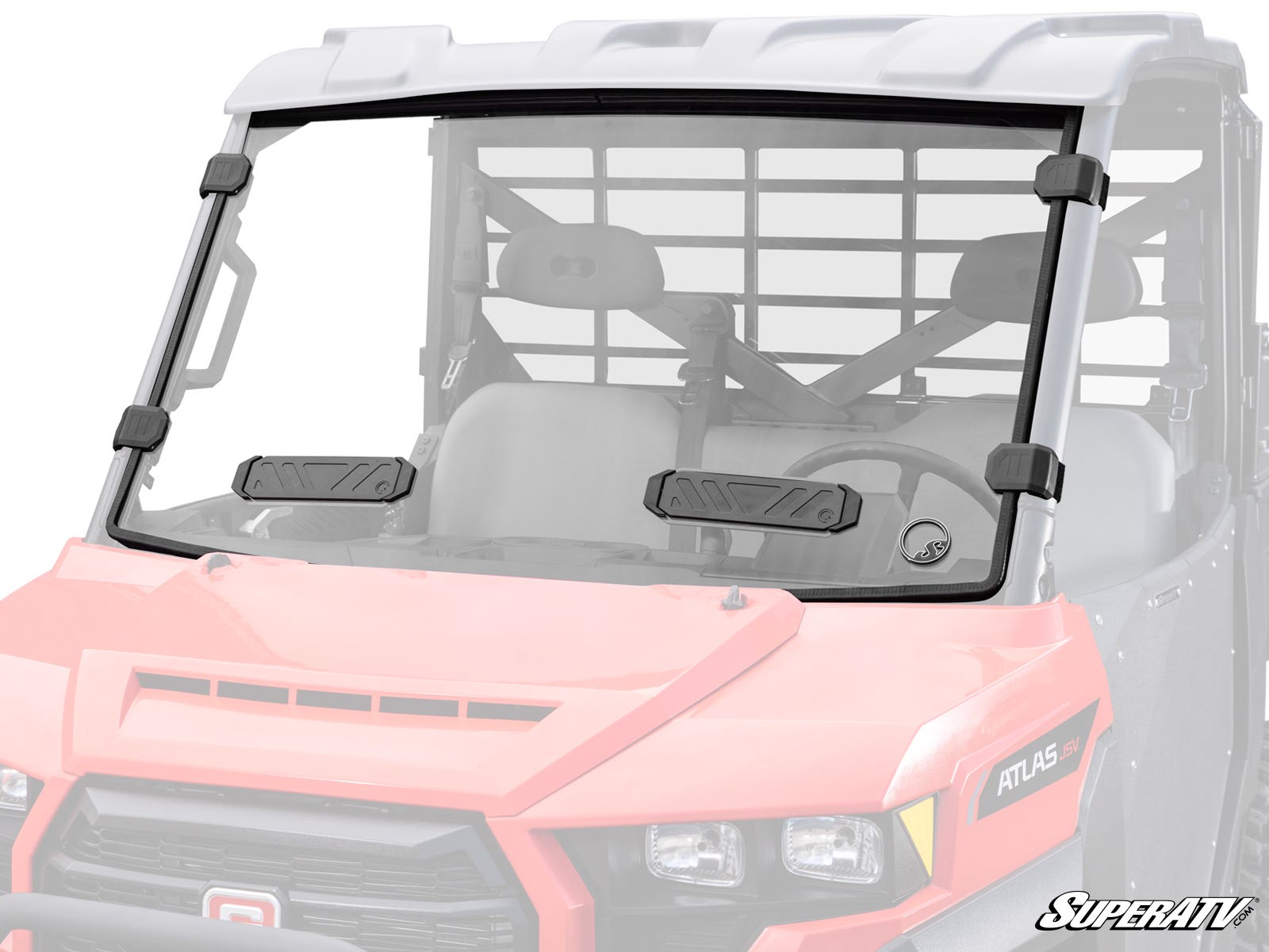The Gravely Atlas JSV Vented Full Windshield, framed in black and featuring two vents, is mounted on a red side-by-side utility vehicle with a gray roof, visible front grill, and black protective mesh behind the seats.