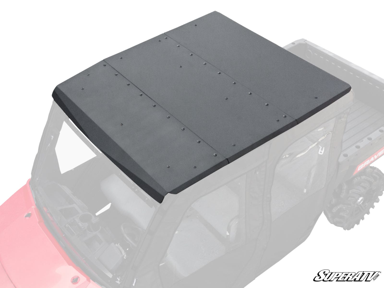 A Gravely Atlas JSV 6400 Aluminum Roof, black and multi-panel, is installed on a red side-by-side utility vehicle with a partially visible cargo bed and clear doors. Sturdy bolts secure each panel. The SuperATV logo is shown bottom right.