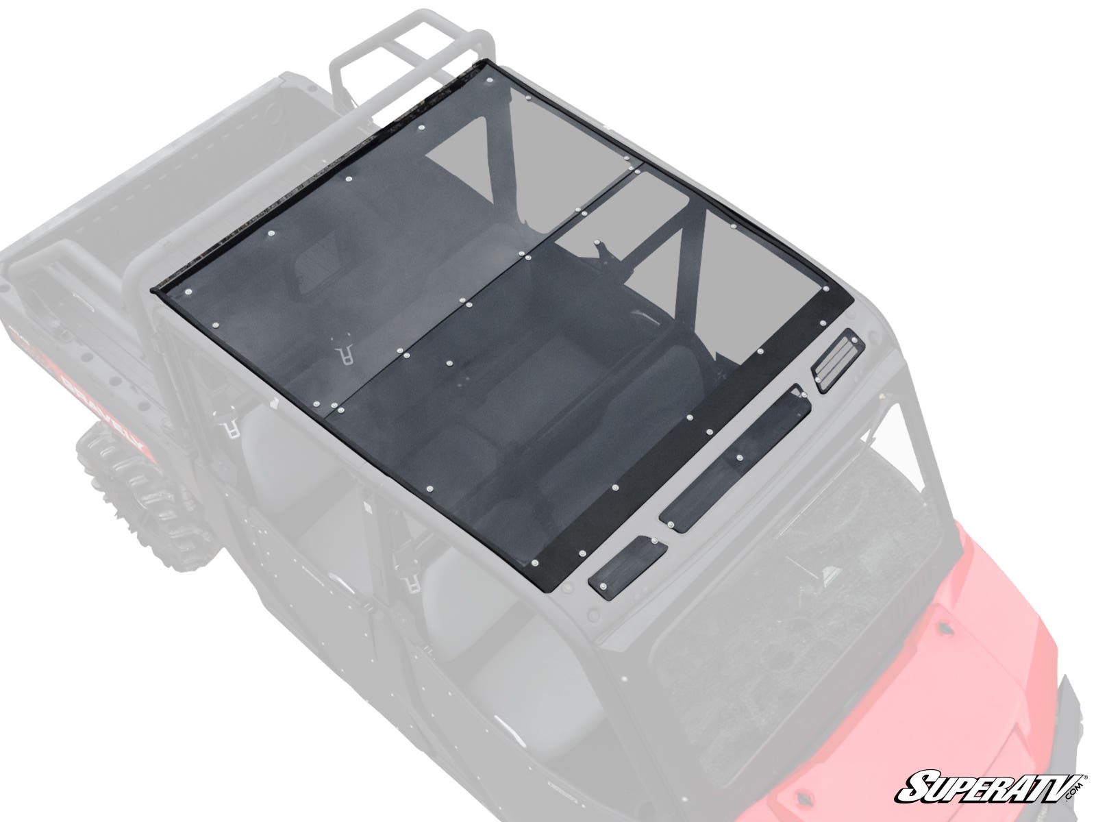 The Gravely Atlas JSV 6400 Tinted Roof, a dark polycarbonate panel secured with bolts, is installed on a red four-seat utility vehicle. It covers the passenger area for protection and visibility; the SuperATV logo appears in the bottom right corner.