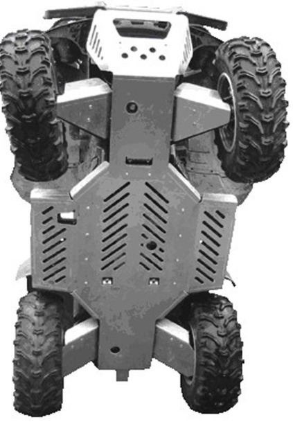 A Yamaha Grizzly 660 with a Skid Plate Full Set (aluminium) is shown from below, featuring vented slots, bolts, and visible rugged tires at each corner, illustrating the durable protective undercarriage design.